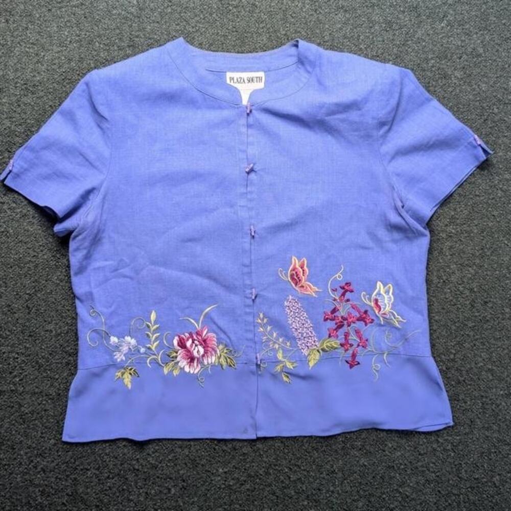 Vintage Plaza South Womens Short Sleeve Blouse Embroidered 10